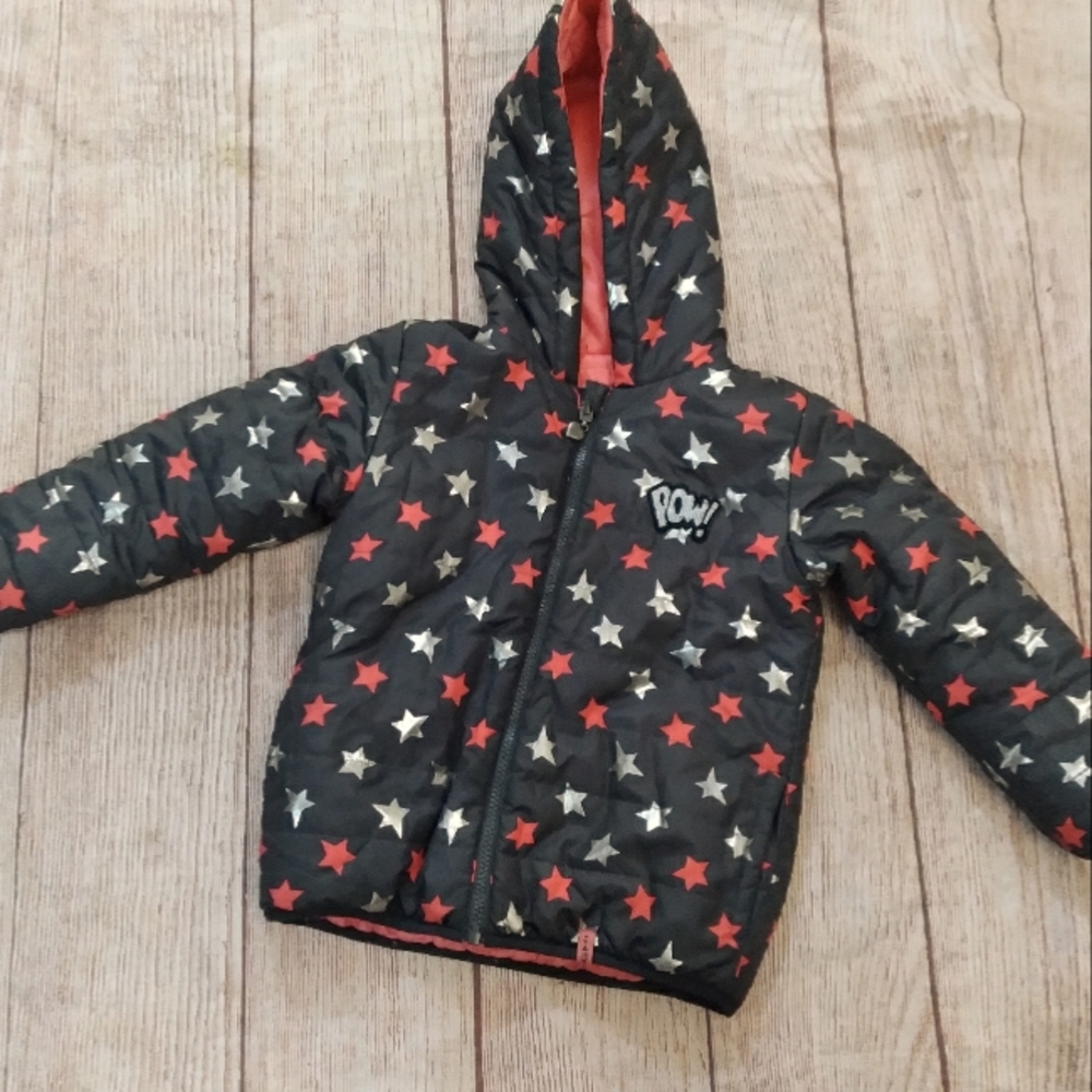 3Pommes gray & pink reversible zip-up puffer jacket sz 3/4